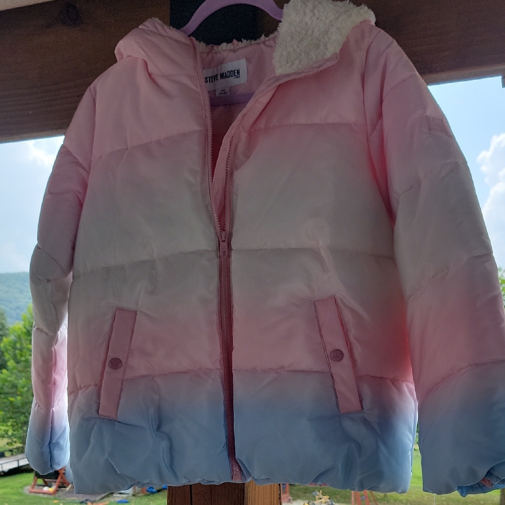 Steve Madden Girls Hooded Ombre Puffer Jacket – Size Large – Pink & Blue – NWT